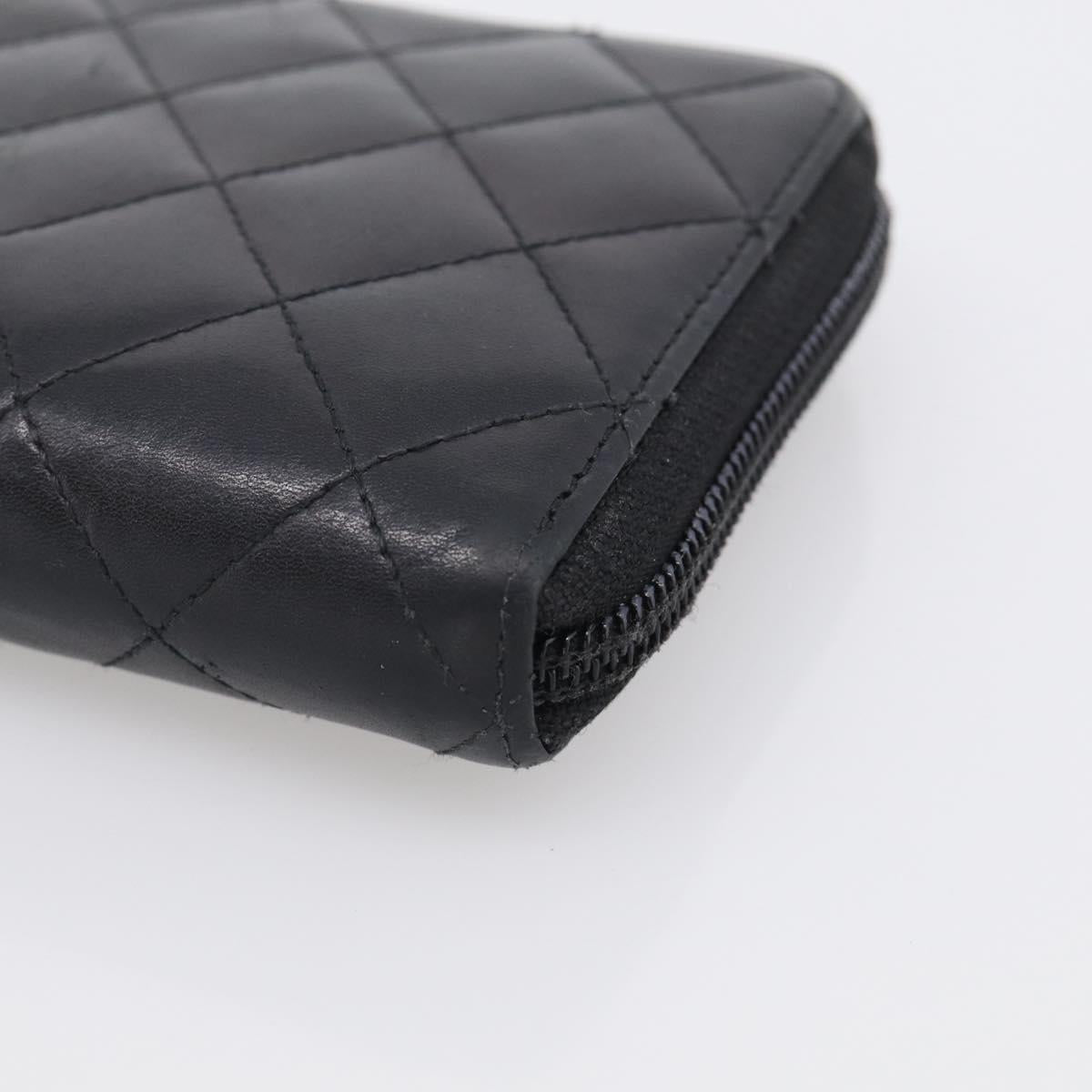 CHANEL Matelasse Cambon Line Long Wallet Lamb Skin Black Silver CC Auth 211852A