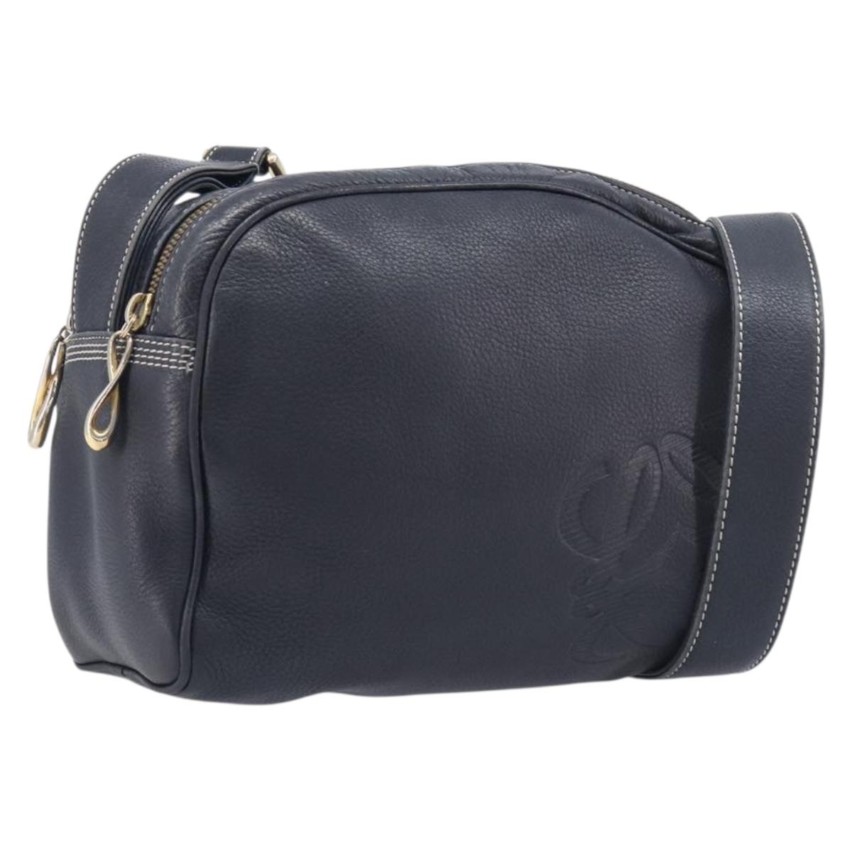LOEWE Anagram Shoulder Bag Leather Navy Gold Auth 211867A