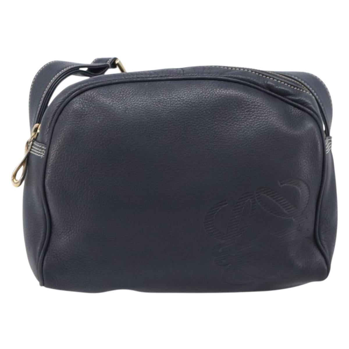 LOEWE Anagram Shoulder Bag Leather Navy Gold Auth 211867A