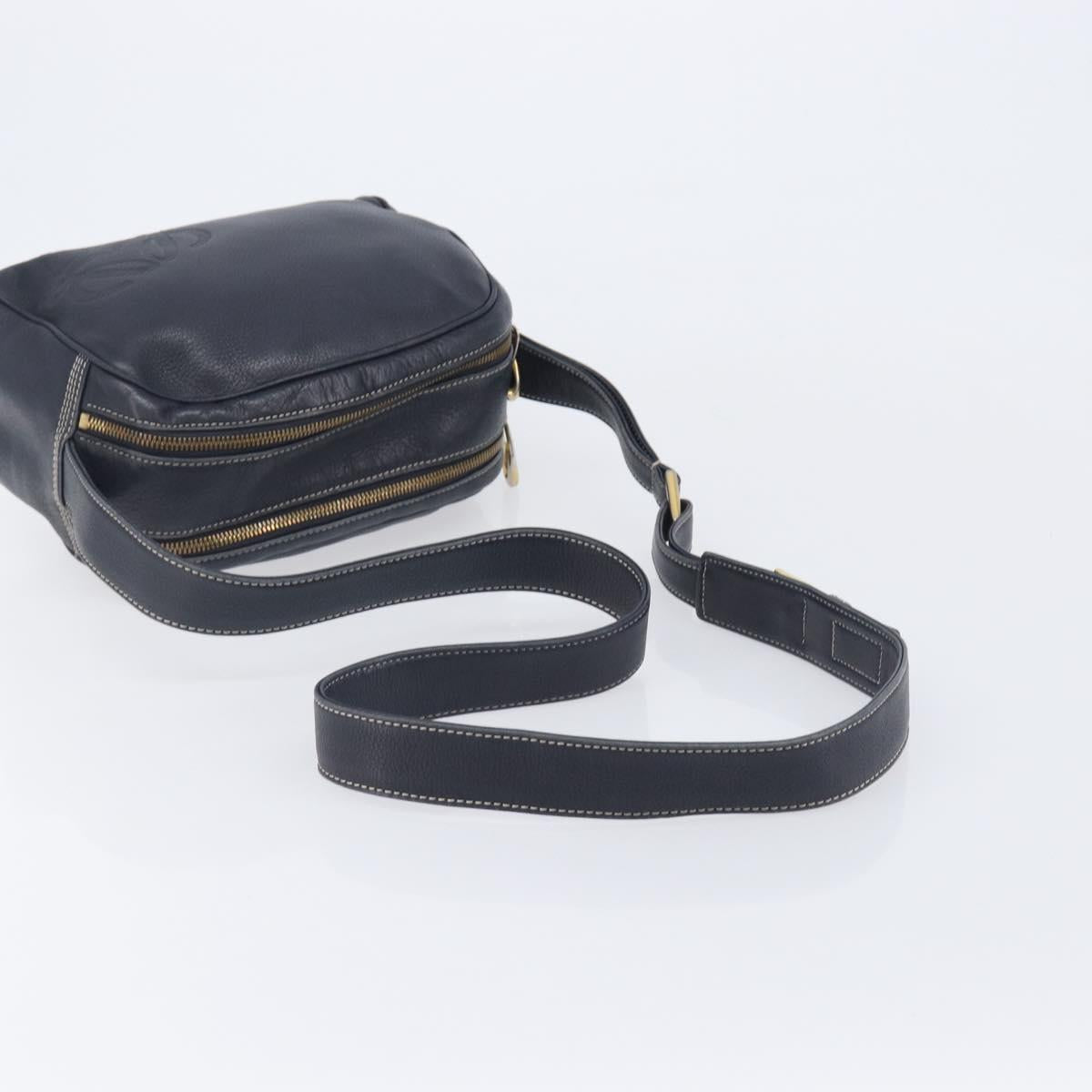 LOEWE Anagram Shoulder Bag Leather Navy Gold Auth 211867A