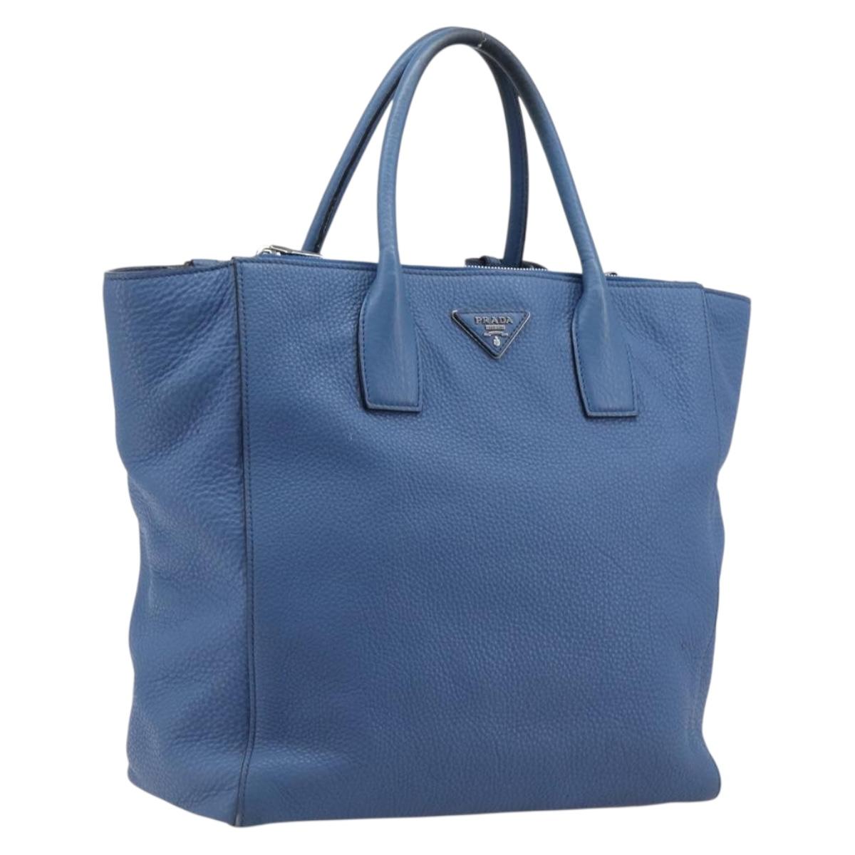 PRADA Tote Bag Leather Blue Silver Auth 211890