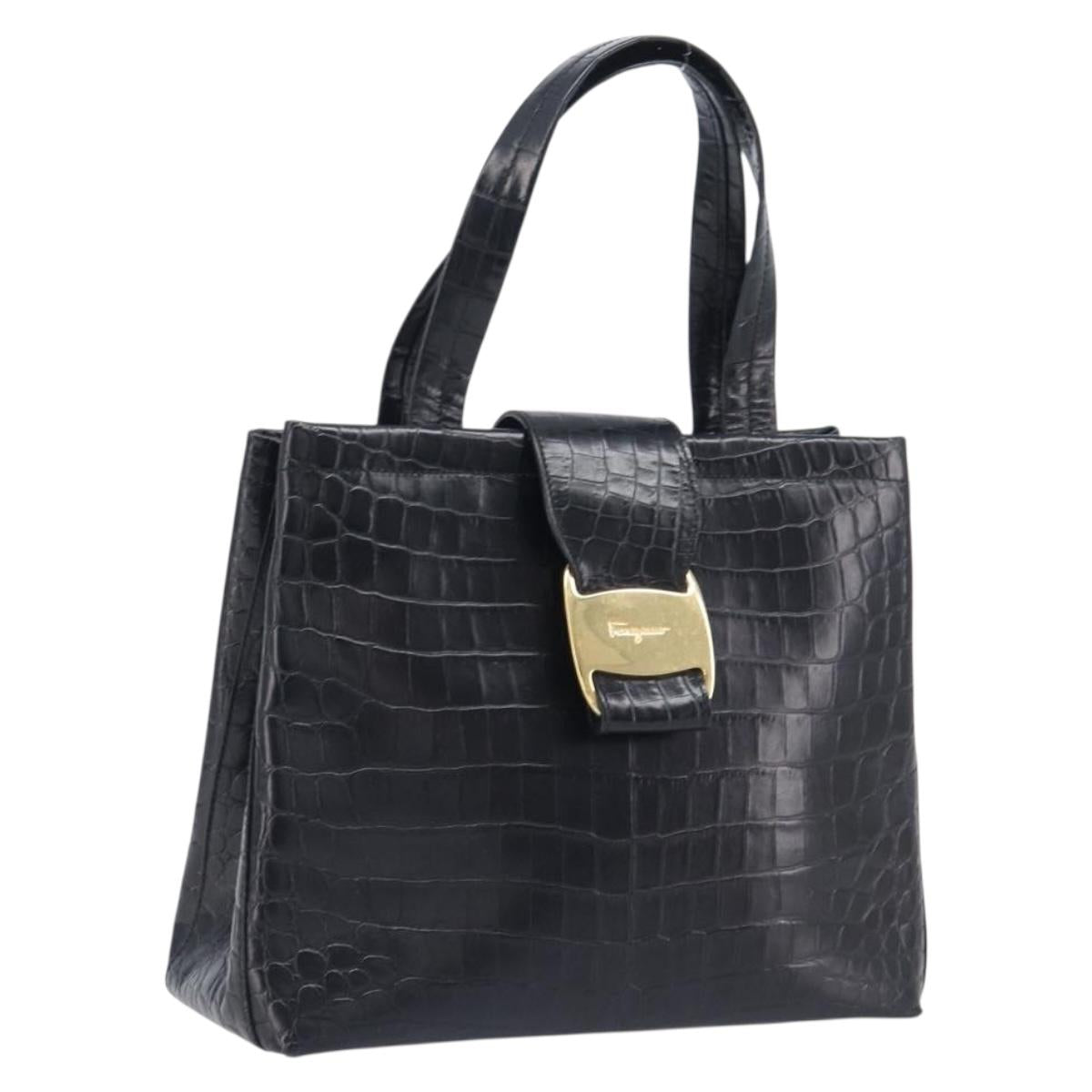 Salvatore Ferragamo Vala Bag Leather Crocodile Embossed Black Gold Auth 211896A