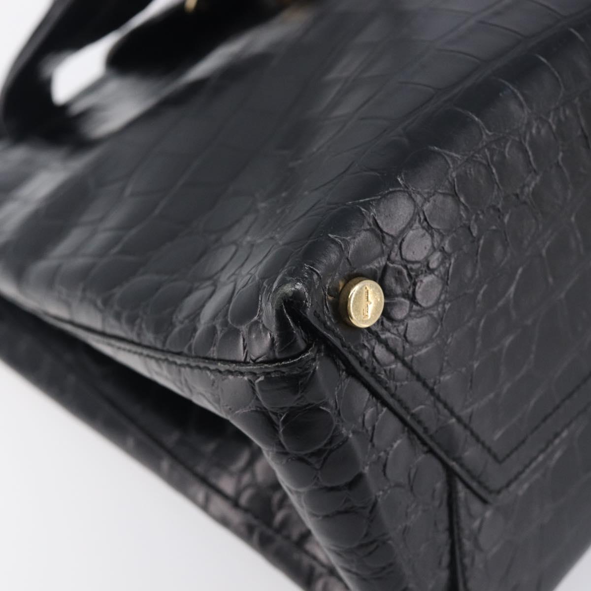 Salvatore Ferragamo Vala Bag Leather Crocodile Embossed Black Gold Auth 211896A