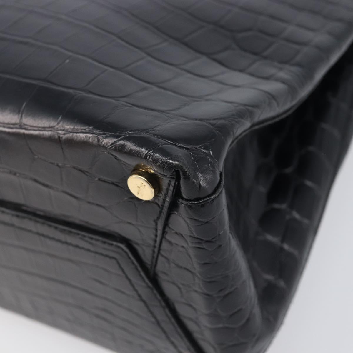 Salvatore Ferragamo Vala Bag Leather Crocodile Embossed Black Gold Auth 211896A