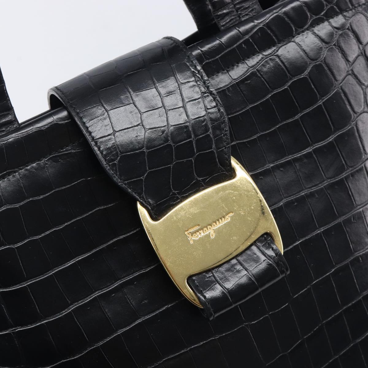 Salvatore Ferragamo Vala Bag Leather Crocodile Embossed Black Gold Auth 211896A