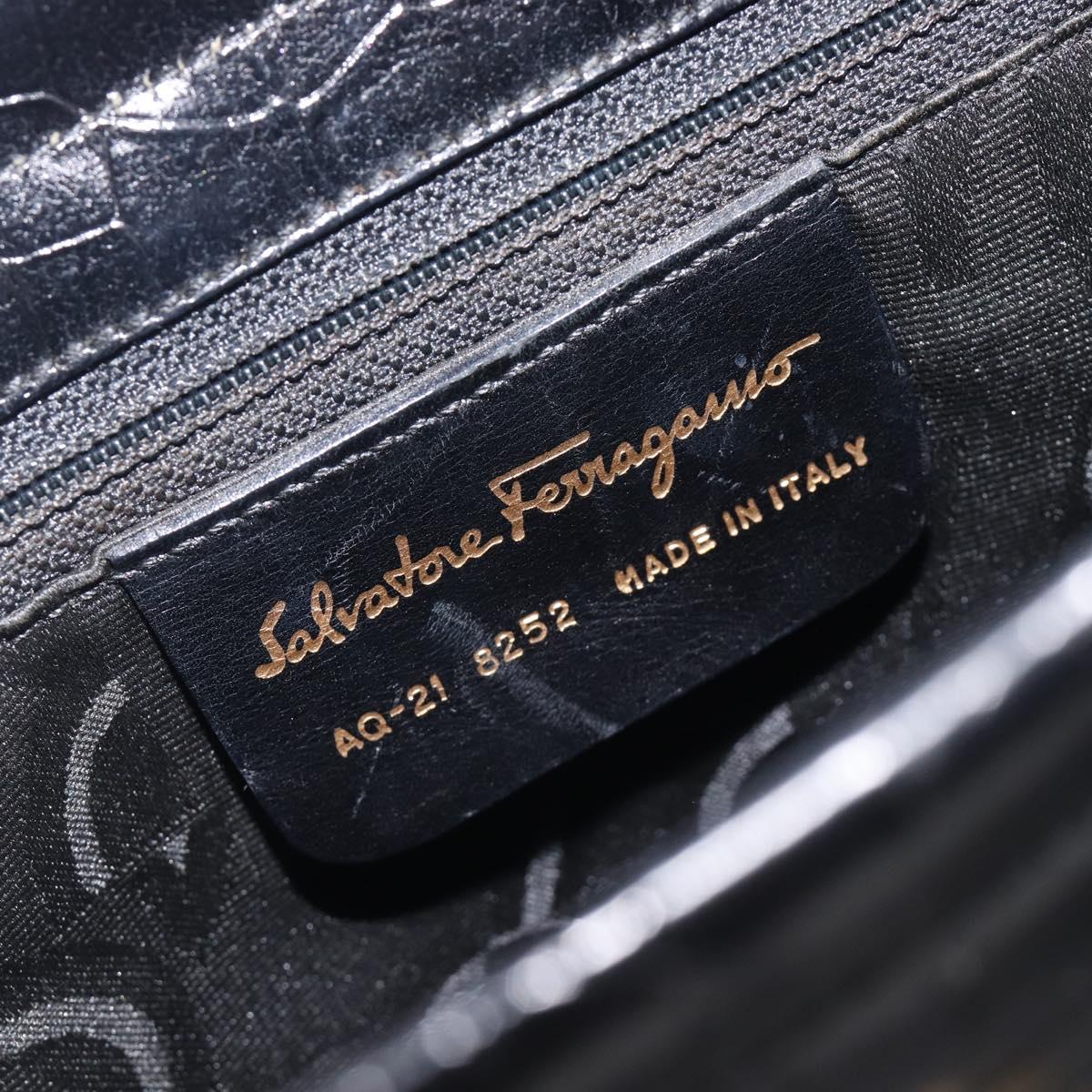 Salvatore Ferragamo Vala Bag Leather Crocodile Embossed Black Gold Auth 211896A