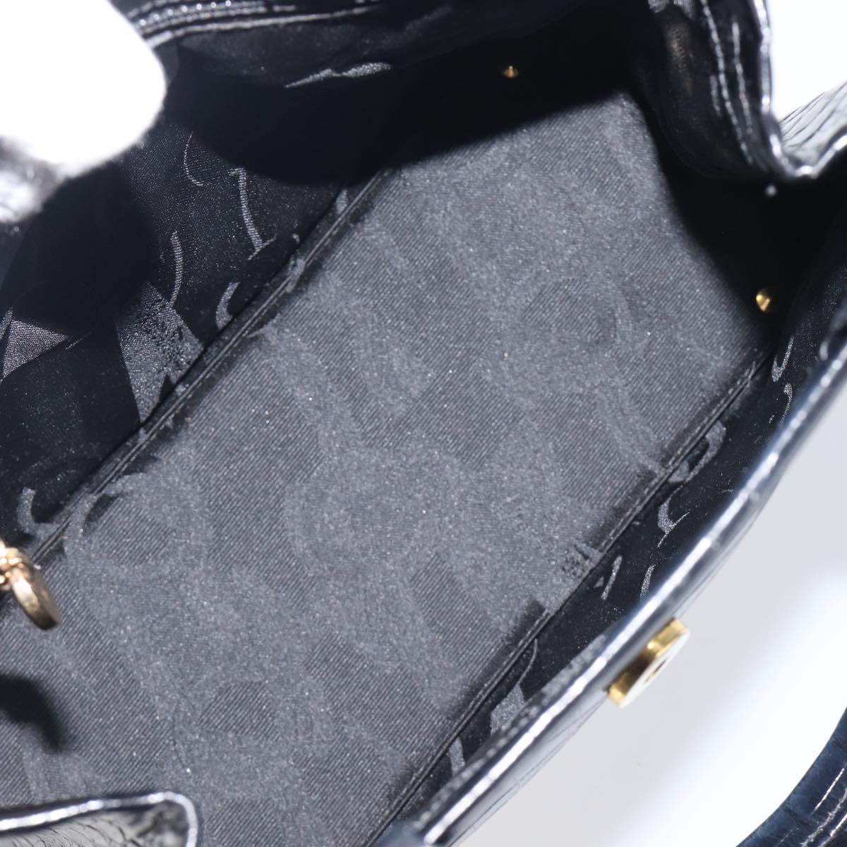 Salvatore Ferragamo Vala Bag Leather Crocodile Embossed Black Gold Auth 211896A