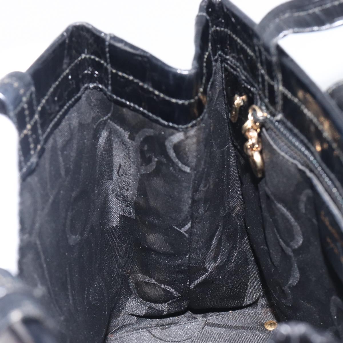 Salvatore Ferragamo Vala Bag Leather Crocodile Embossed Black Gold Auth 211896A