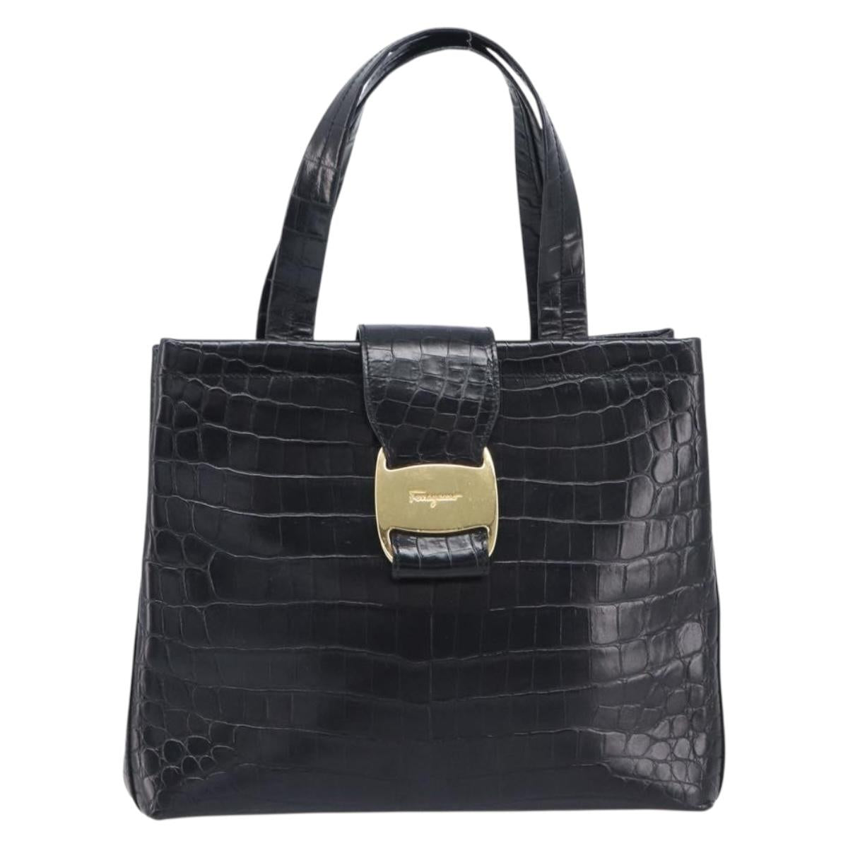 Salvatore Ferragamo Vala Bag Leather Crocodile Embossed Black Gold Auth 211896A