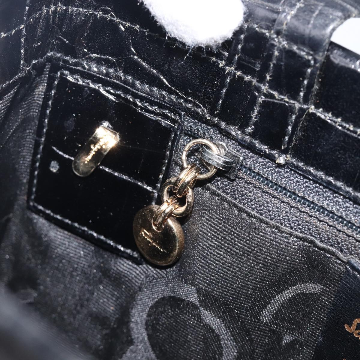 Salvatore Ferragamo Vala Bag Leather Crocodile Embossed Black Gold Auth 211896A