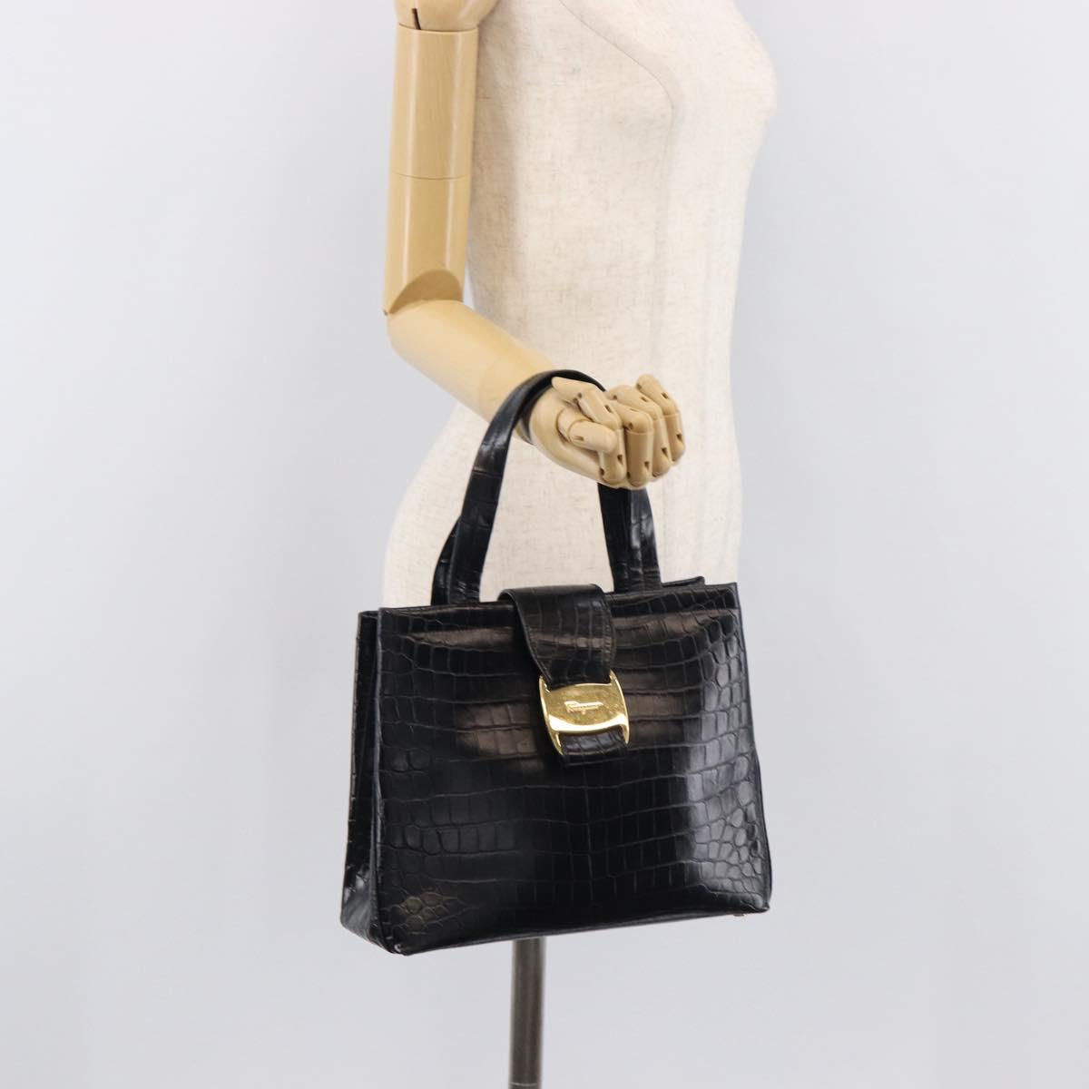 Salvatore Ferragamo Vala Bag Leather Crocodile Embossed Black Gold Auth 211896A