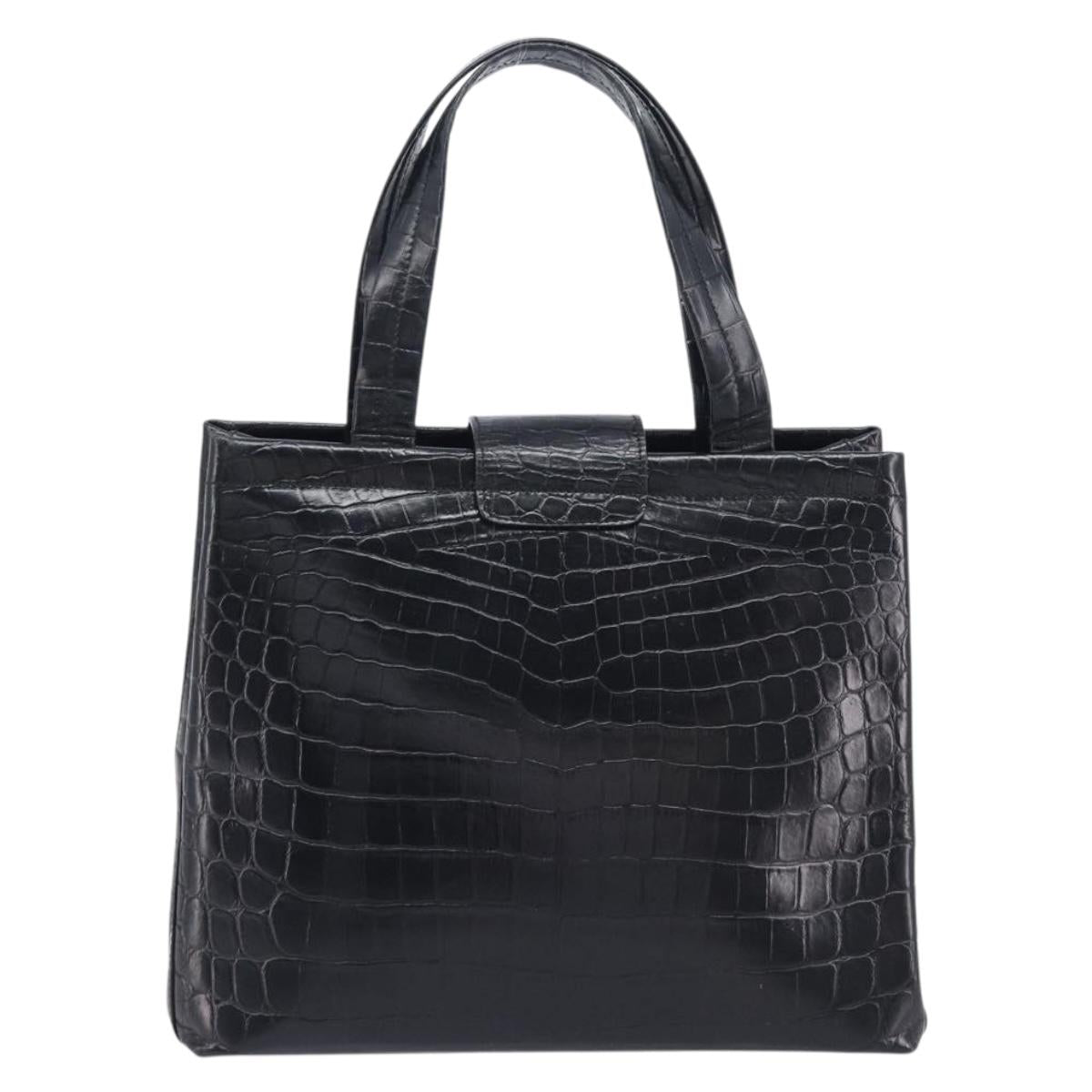 Salvatore Ferragamo Vala Bag Leather Crocodile Embossed Black Gold Auth 211896A