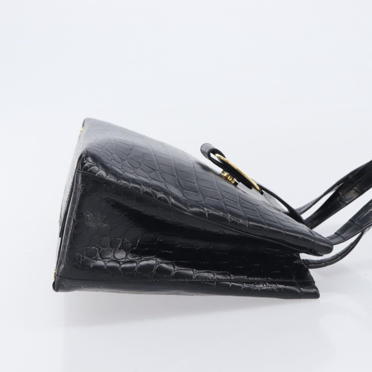 Salvatore Ferragamo Vala Bag Leather Crocodile Embossed Black Gold Auth 211896A