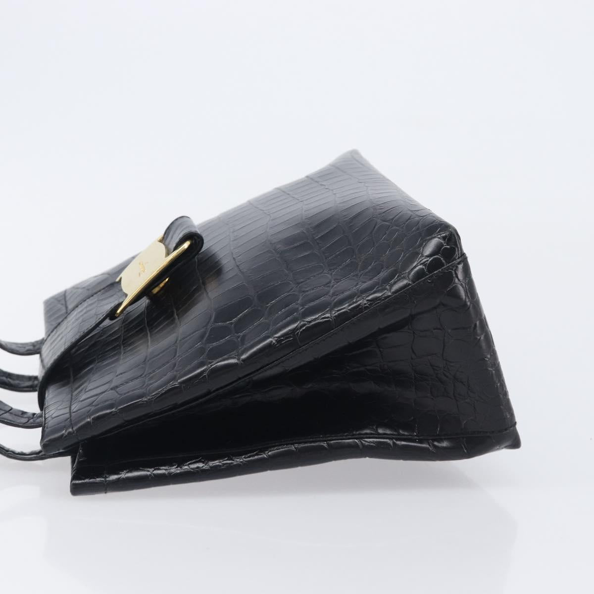 Salvatore Ferragamo Vala Bag Leather Crocodile Embossed Black Gold Auth 211896A