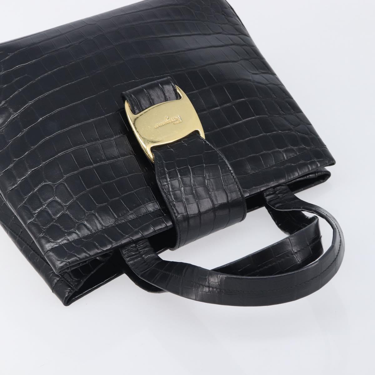 Salvatore Ferragamo Vala Bag Leather Crocodile Embossed Black Gold Auth 211896A