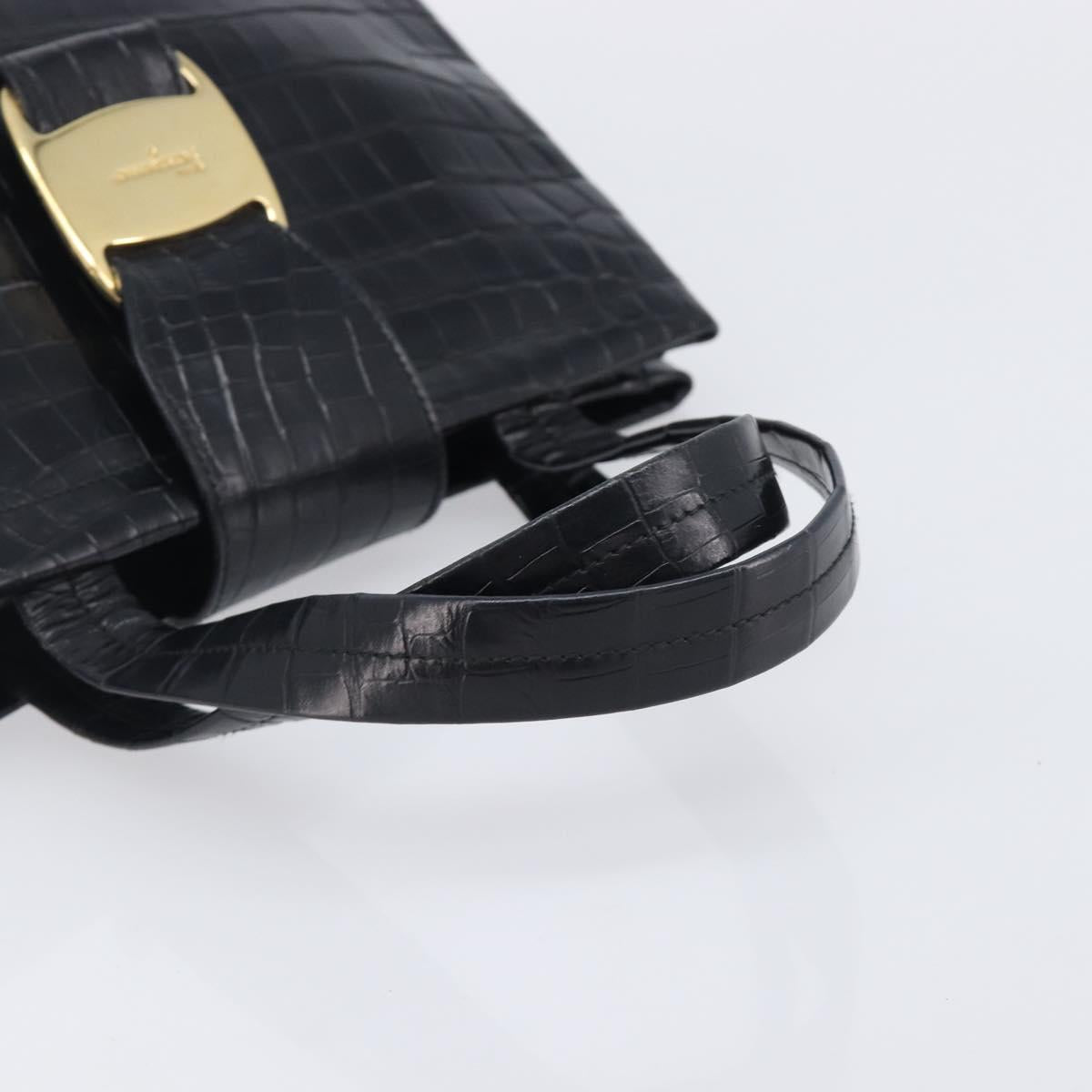 Salvatore Ferragamo Vala Bag Leather Crocodile Embossed Black Gold Auth 211896A