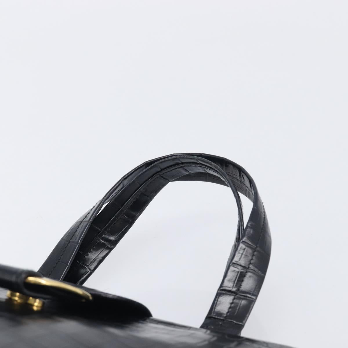 Salvatore Ferragamo Vala Bag Leather Crocodile Embossed Black Gold Auth 211896A