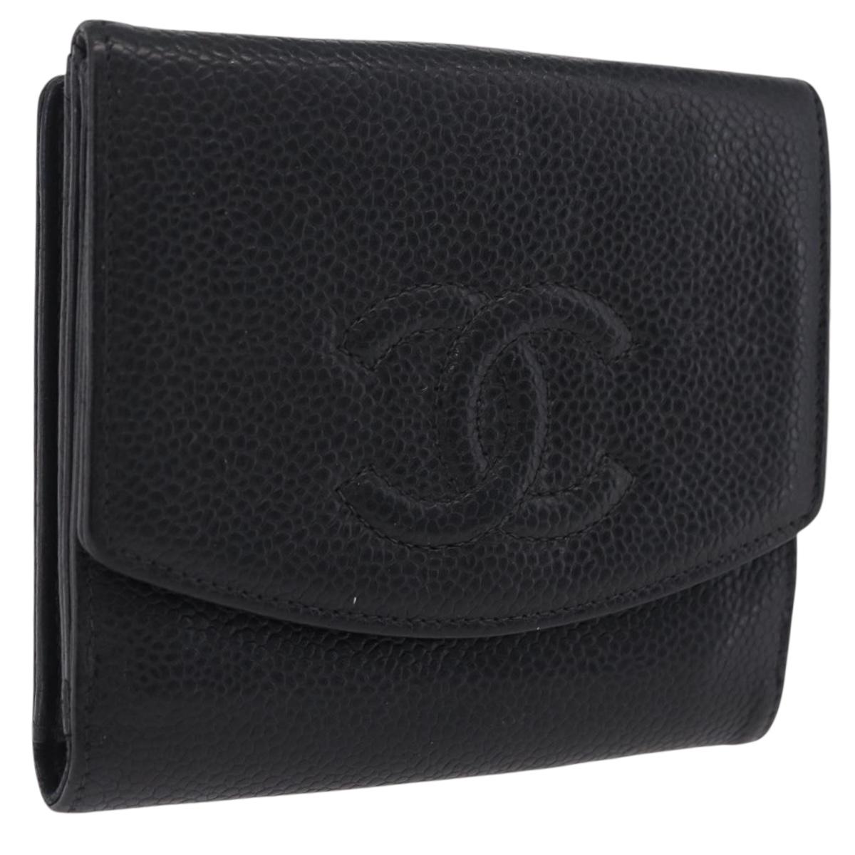 CHANEL Bifold Wallet Caviar Skin Black Gold CC Auth 211906A