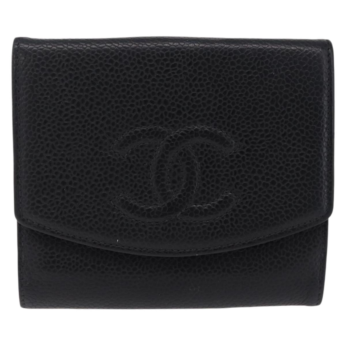 CHANEL Bifold Wallet Caviar Skin Black Gold CC Auth 211906A