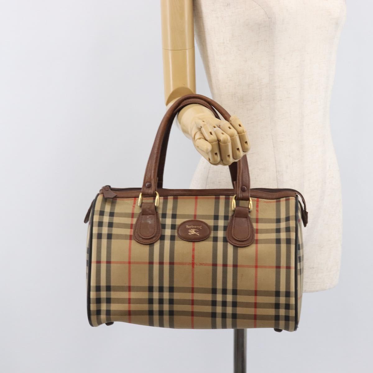 Burberrys Nova Check Boston Bag Canvas Beige Gold Auth 211927