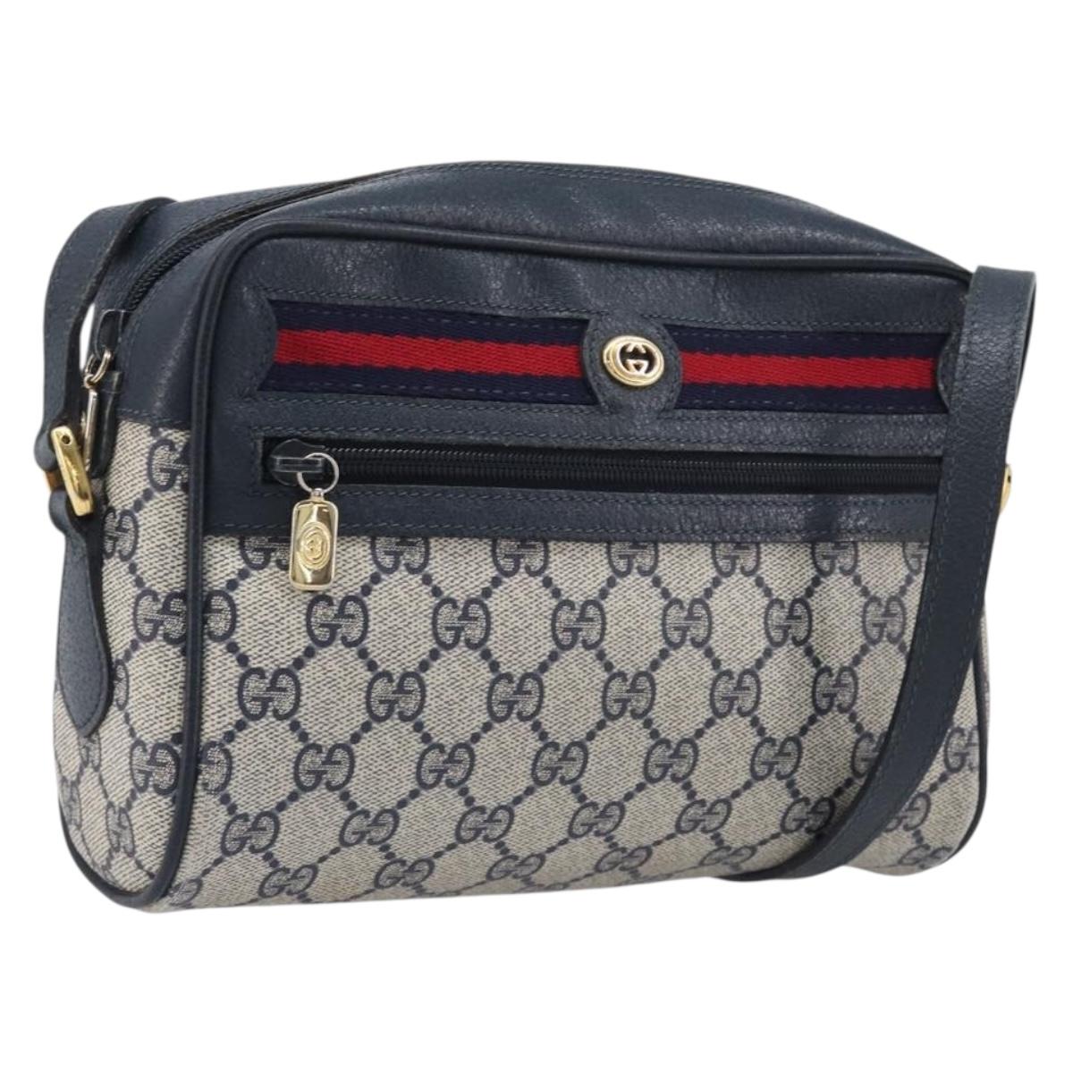 GUCCI GG Supreme Sherry Line Shoulder Bag PVC Navy Gold 56 02 087 Auth 211935