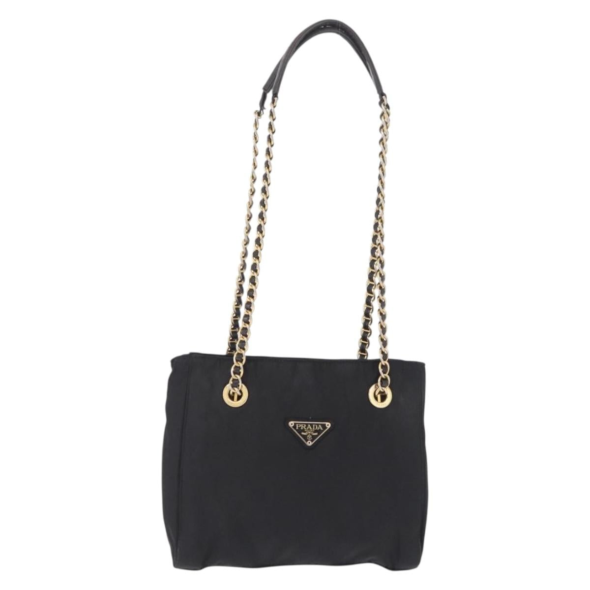 PRADA Chain Shoulder Bag Nylon Black Gold Auth 211942