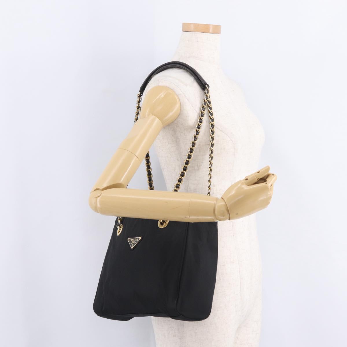 PRADA Chain Shoulder Bag Nylon Black Gold Auth 211942