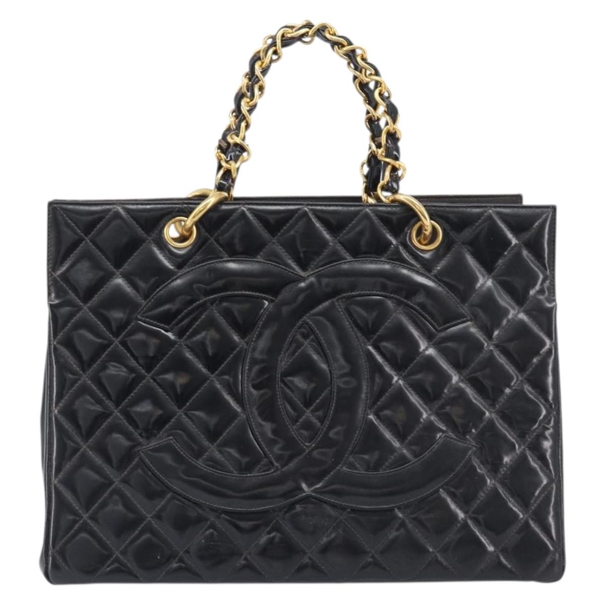 CHANEL Matelasse Chain Hand Bag Patent Leather Black Gold CC Auth 211950
