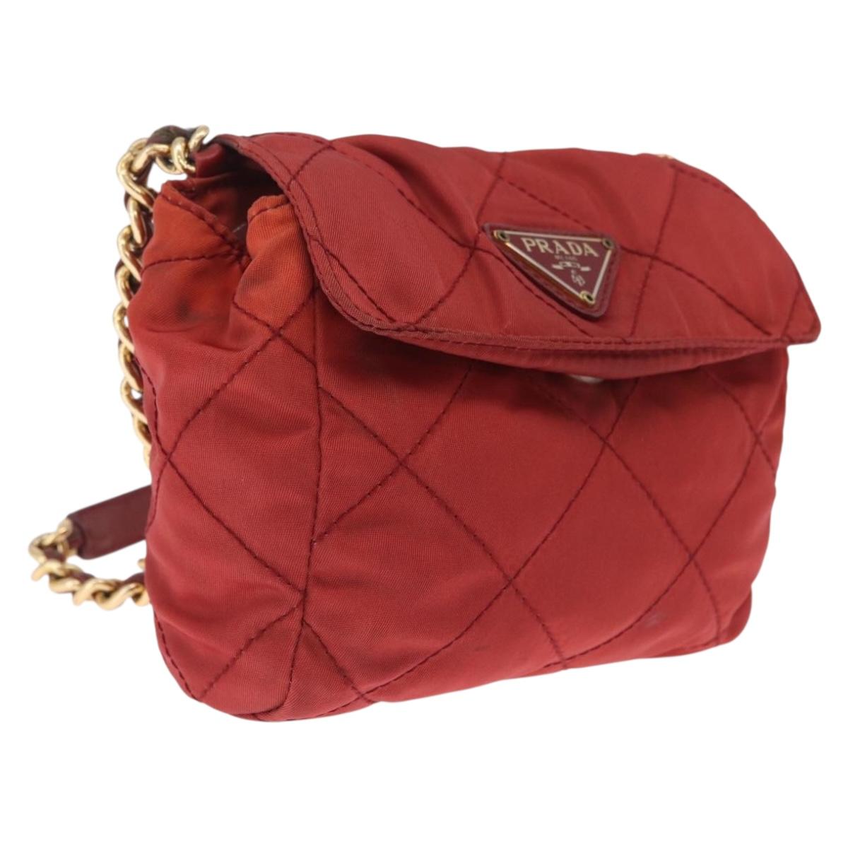 PRADA Chain Shoulder Bag Nylon Red Gold Auth 211952