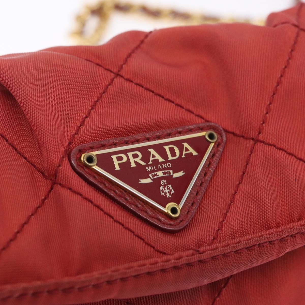 PRADA Chain Shoulder Bag Nylon Red Gold Auth 211952