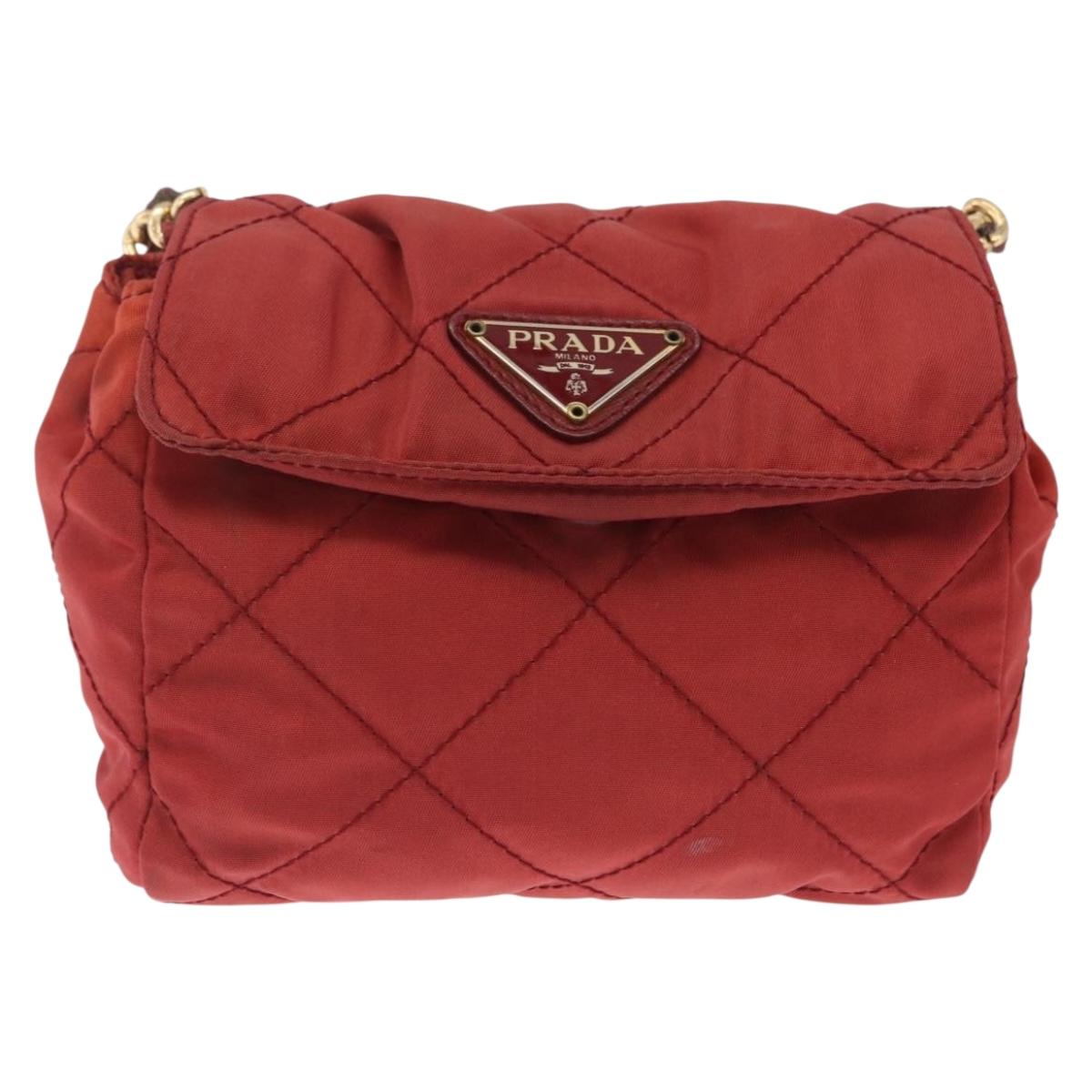 PRADA Chain Shoulder Bag Nylon Red Gold Auth 211952