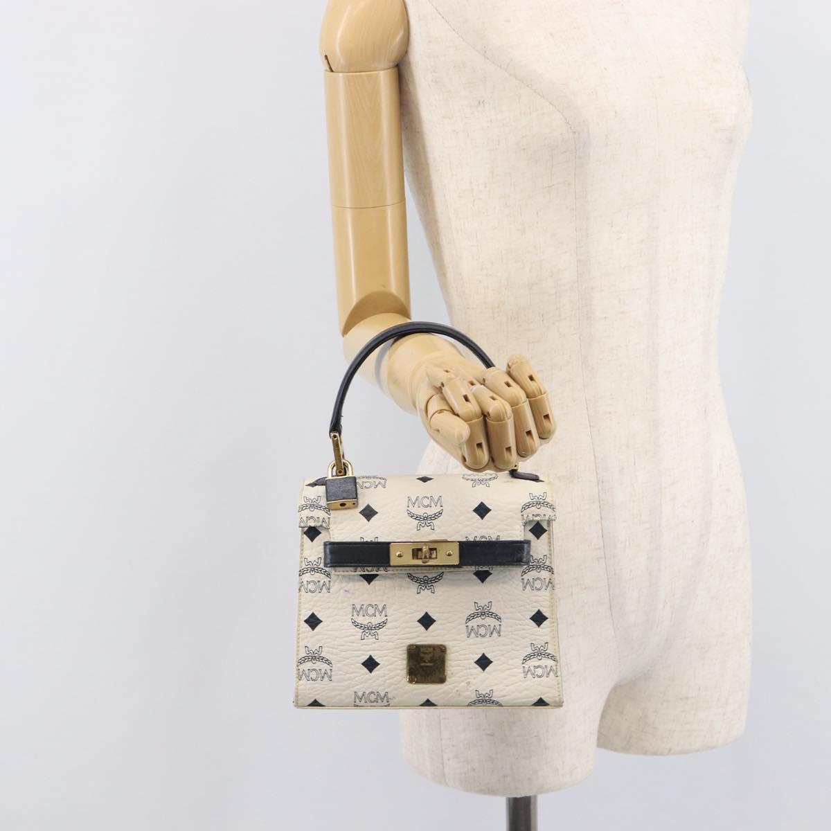 MCM Vicetos Logogram Hand Bag PVC Leather White Gold Auth 211968