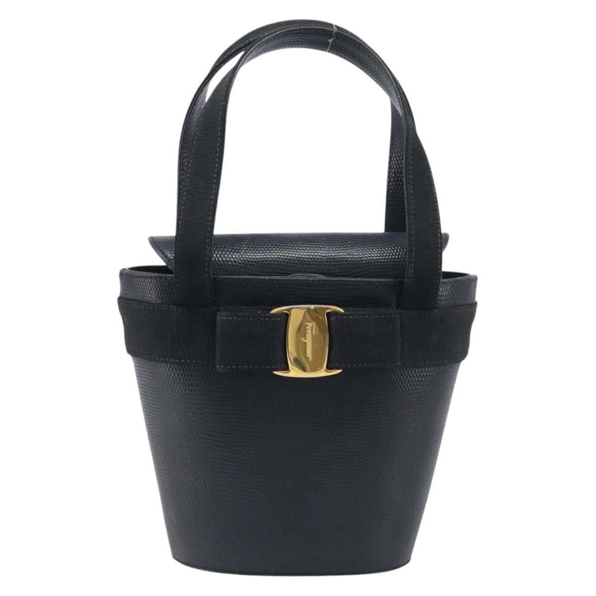 Salvatore Ferragamo Vala Hand Bag Leather Embossed Black Gold Auth 211974A