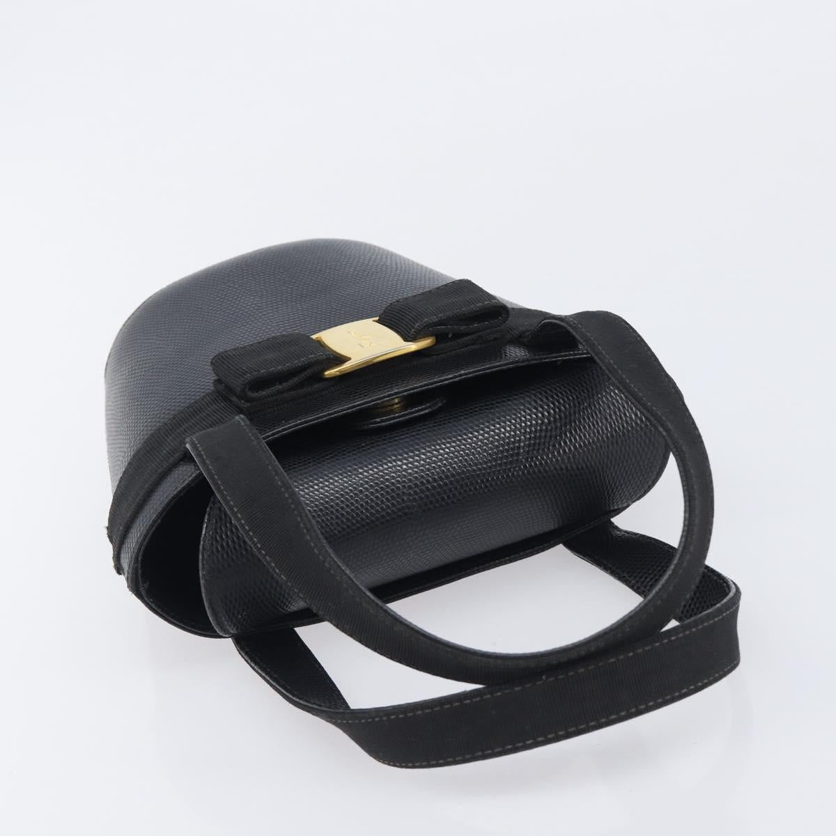Salvatore Ferragamo Vala Hand Bag Leather Embossed Black Gold Auth 211974A