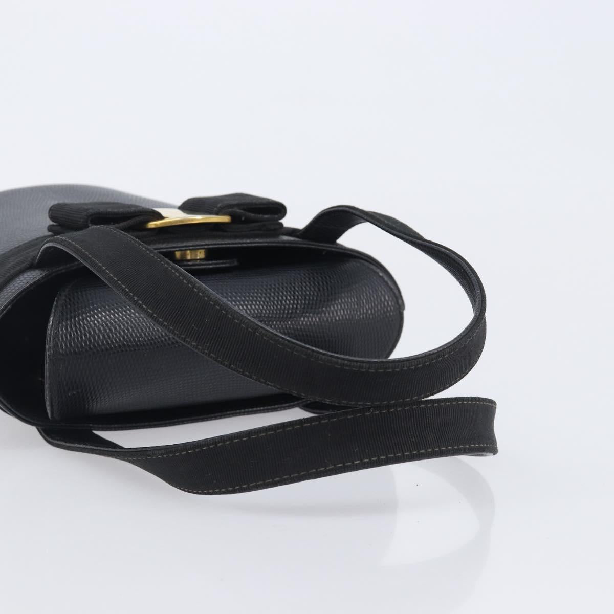 Salvatore Ferragamo Vala Hand Bag Leather Embossed Black Gold Auth 211974A
