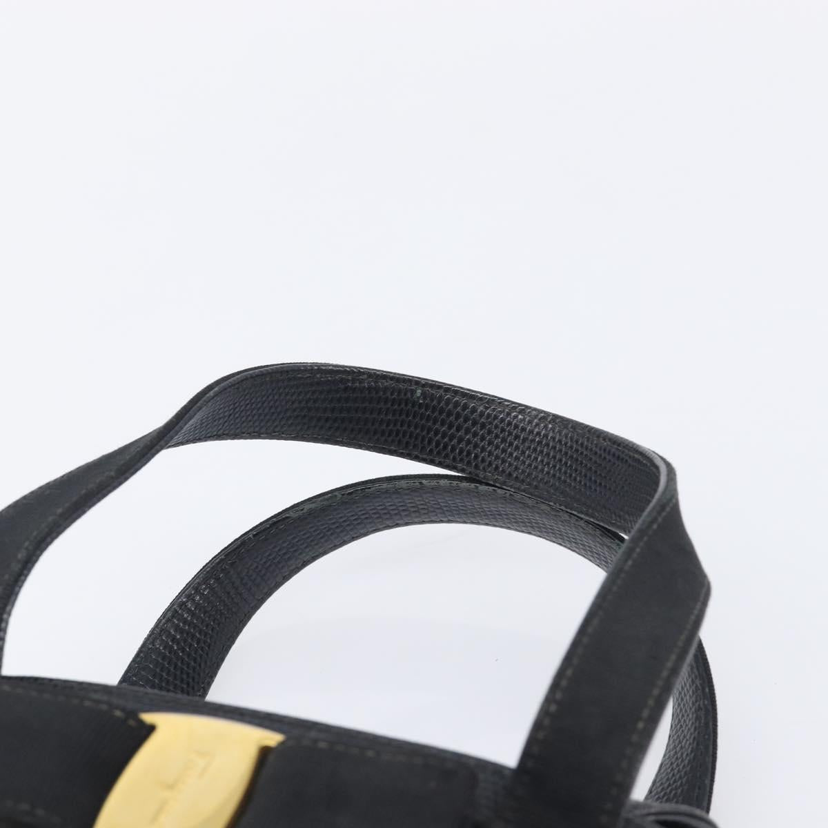 Salvatore Ferragamo Vala Hand Bag Leather Embossed Black Gold Auth 211974A
