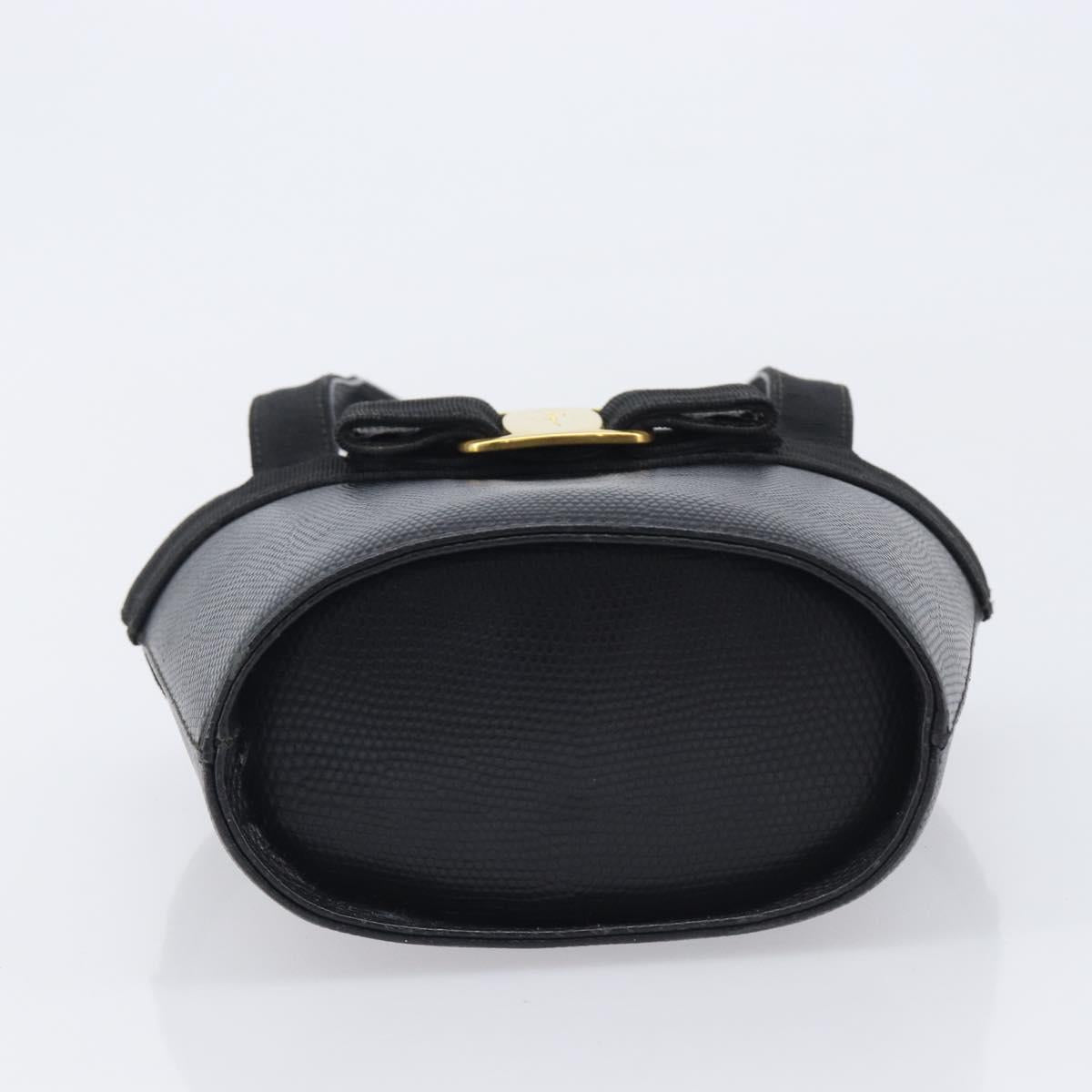 Salvatore Ferragamo Vala Hand Bag Leather Embossed Black Gold Auth 211974A