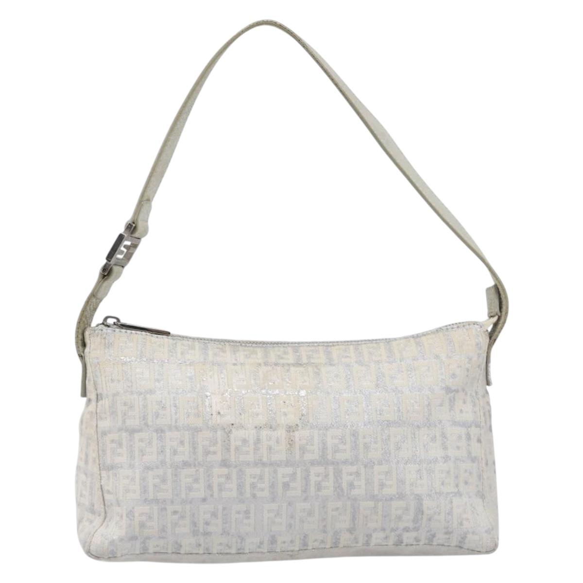FENDI Zucchino Canvas Mamma Baguette Shoulder Bag Silver 8BR444 Auth 211977
