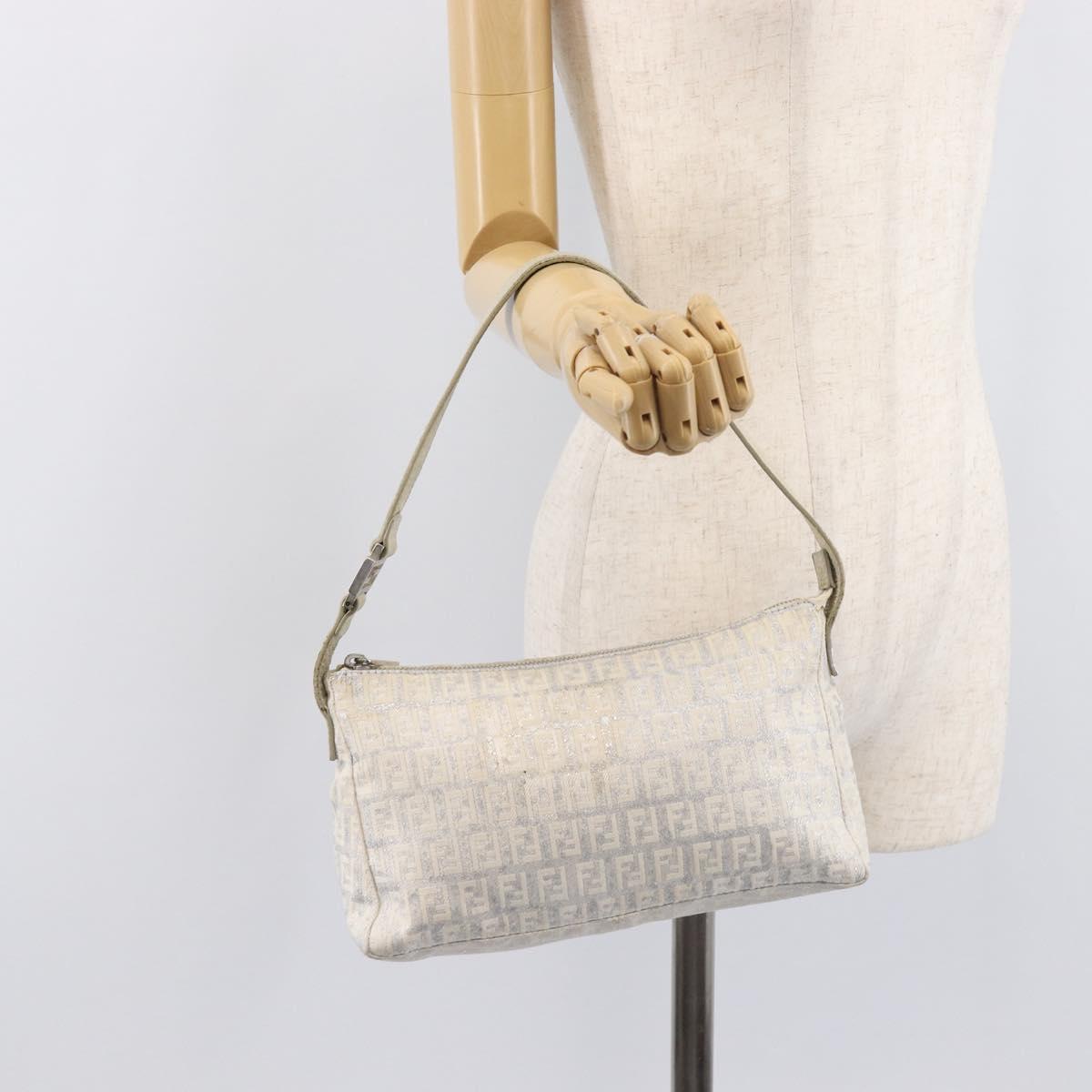FENDI Zucchino Canvas Mamma Baguette Shoulder Bag Silver 8BR444 Auth 211977