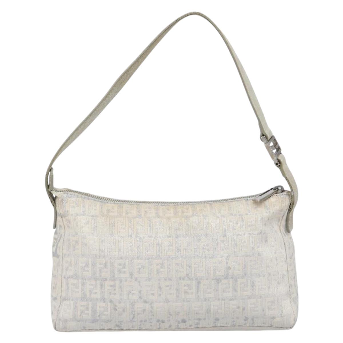 FENDI Zucchino Canvas Mamma Baguette Shoulder Bag Silver 8BR444 Auth 211977