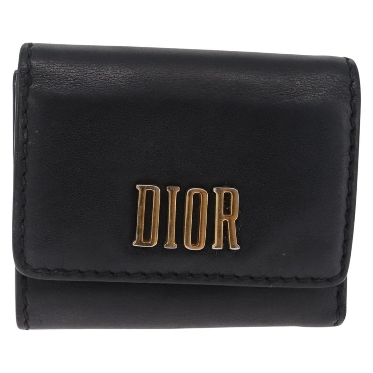 Christian Dior Trifold Wallet Leather Black Gold Auth 211978A