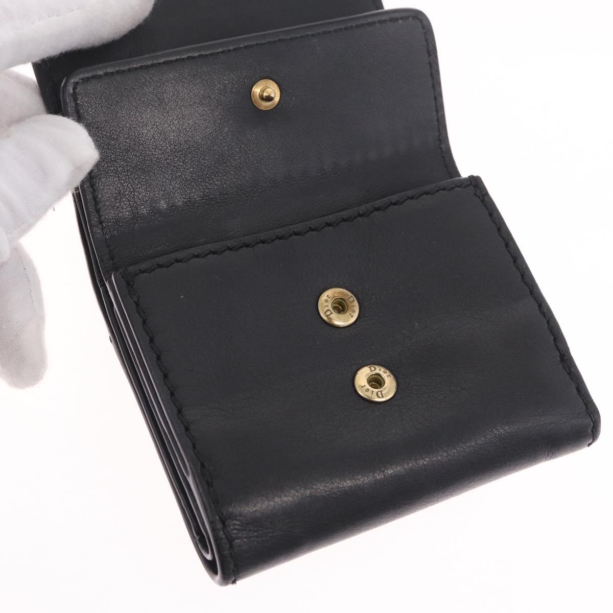 Christian Dior Trifold Wallet Leather Black Gold Auth 211978A