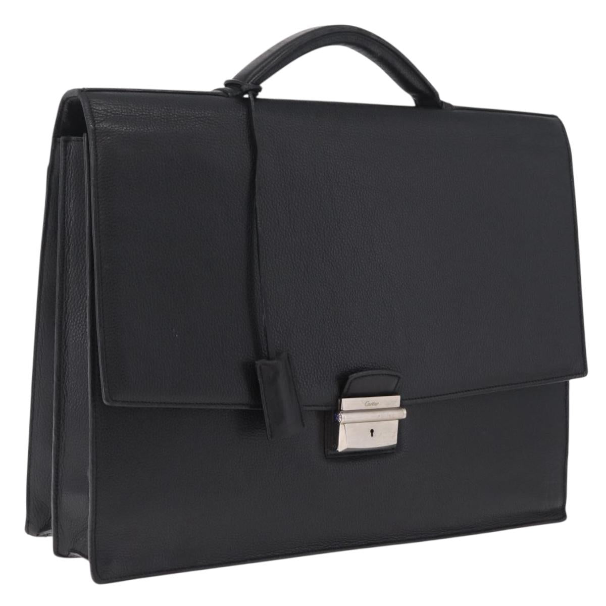 Cartier Business Bag Leather Black Silver Auth 211980A