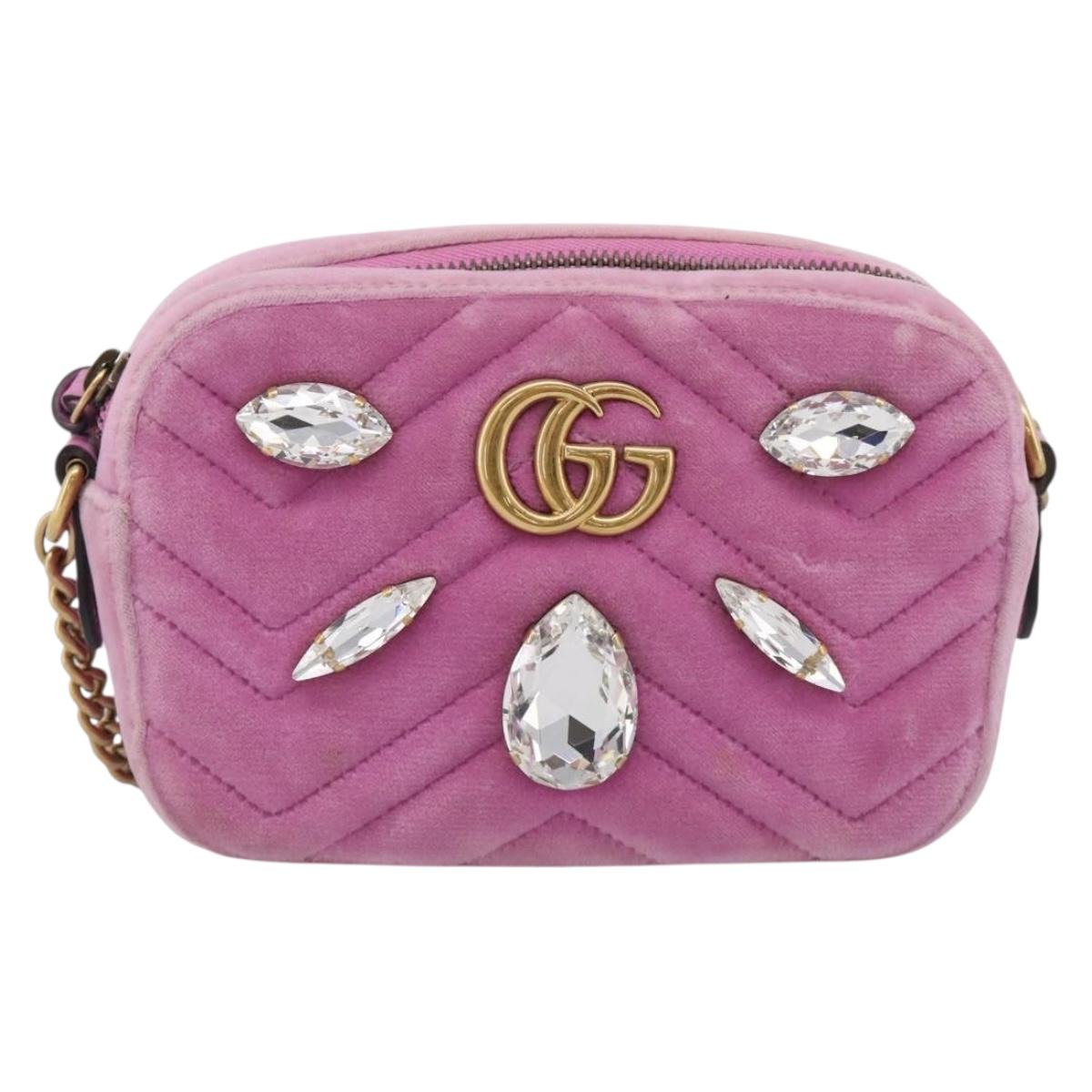 GUCCI GG Marmont Crystal Chain Shoulder Bag Velor Pink Gold 448065 Auth 212011V