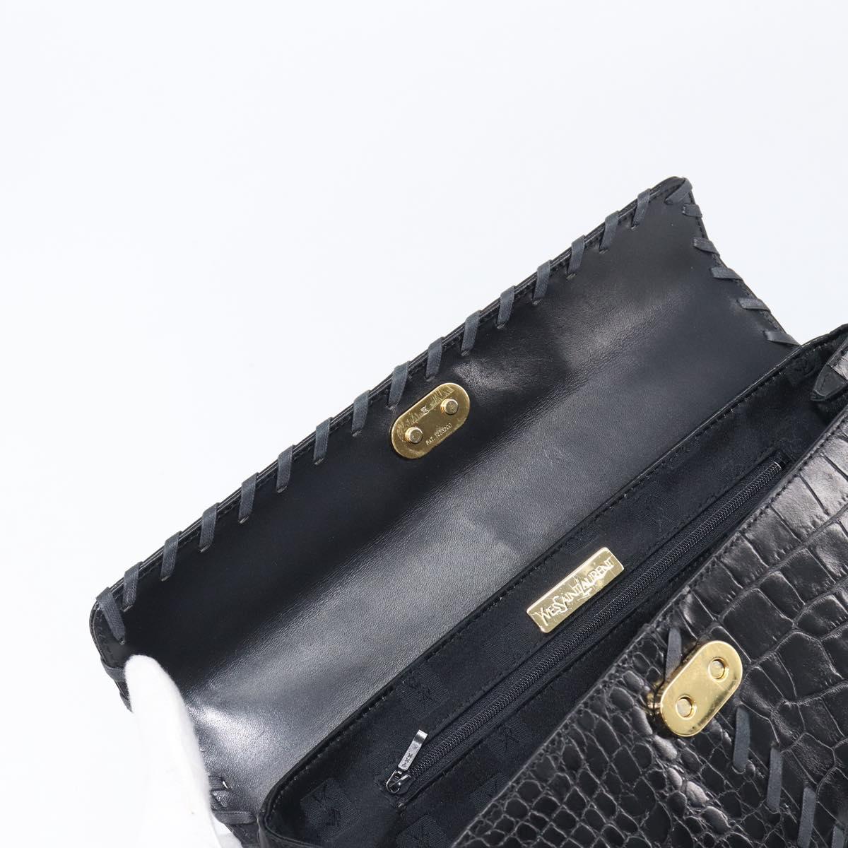 Saint Laurent Hand Bag Embossed Leather Black Gold Auth 212012V