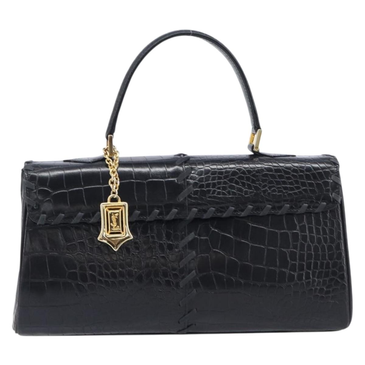 Saint Laurent Hand Bag Embossed Leather Black Gold Auth 212012V