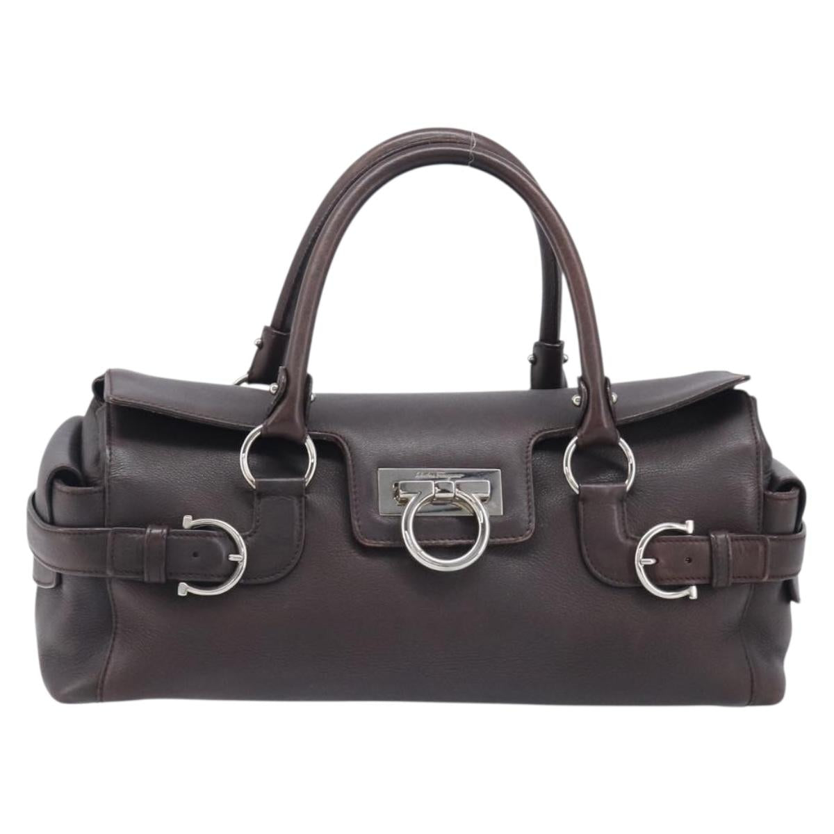 Salvatore Ferragamo Gancini Hand Bag Leather Brown Silver Auth 212013