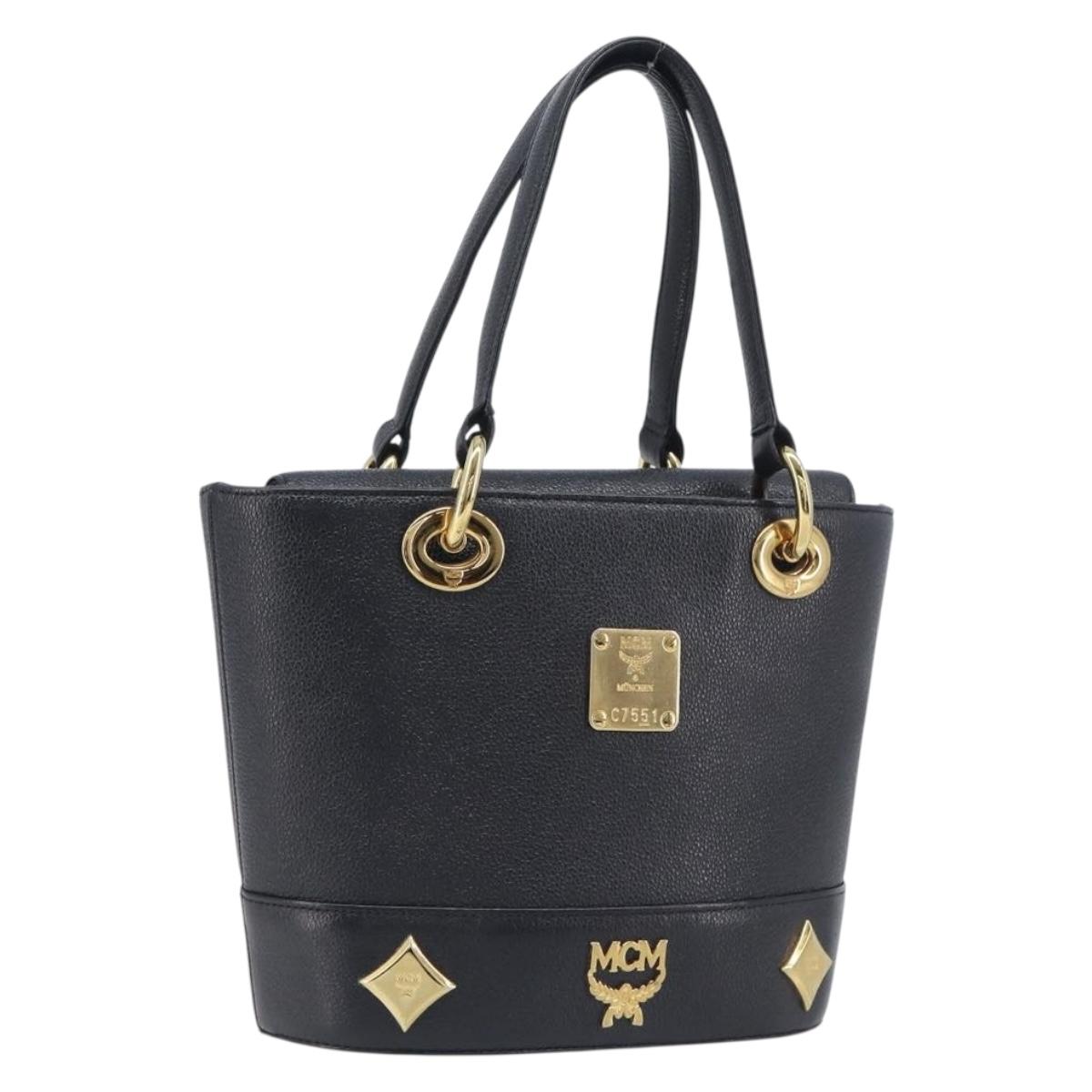 MCM Hand Bag Leather Black Gold Auth 212043