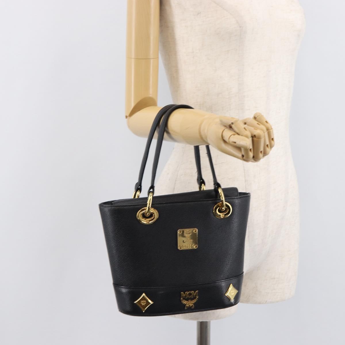 MCM Hand Bag Leather Black Gold Auth 212043