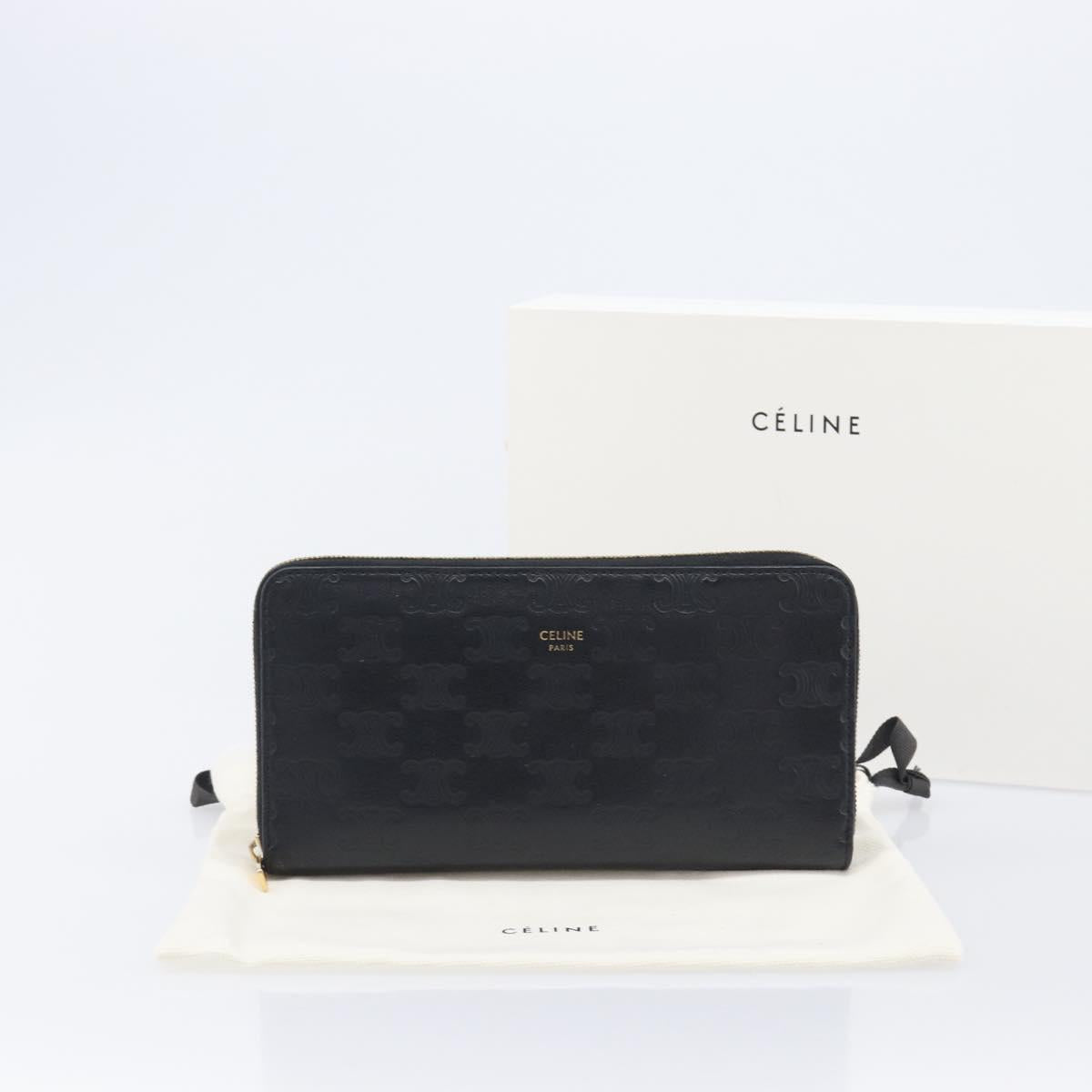 CELINE Triomphe Long Wallet Leather Black Gold Auth 212057M